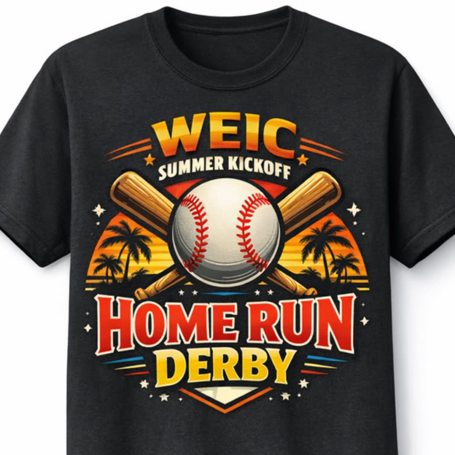 Black t-shirt featuring artwork of a baseball and two bats along with text