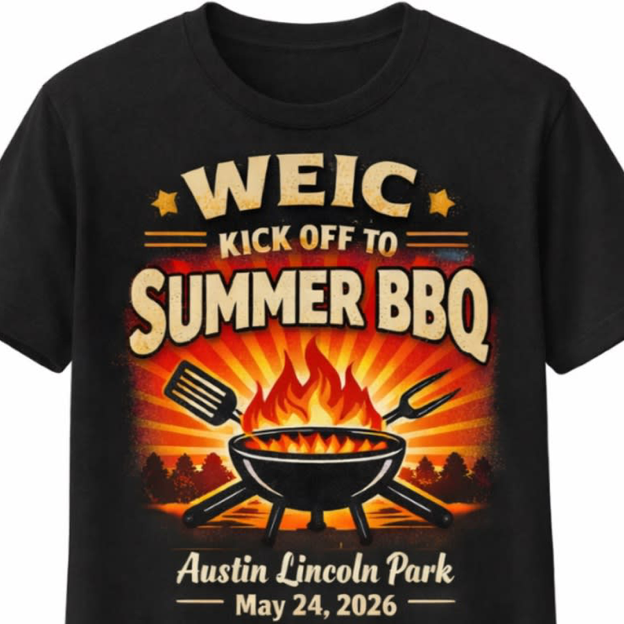 Black t-shirt featuring artwork of a grill and utensils along with text